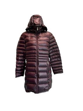 Andrew Marc burgundy red quilted packable compressible goose down hood coat XL